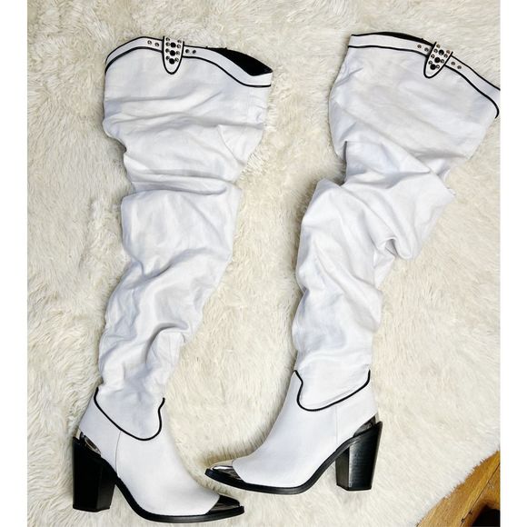 Club Exx Shoes Club Exx Belted Thigh High Cowboy Boots White Denim